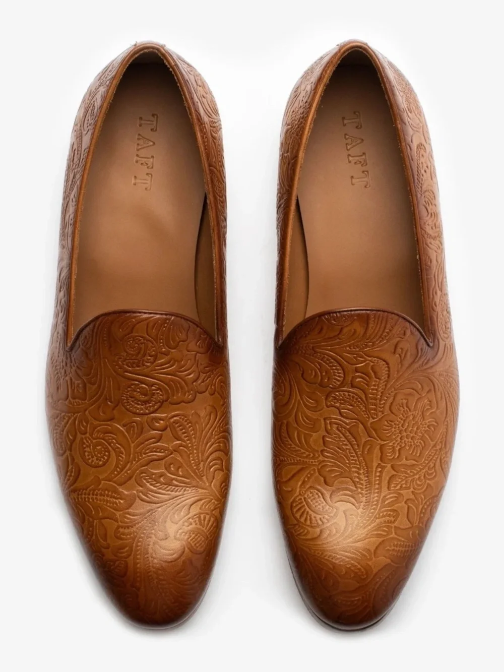 TAFT Mens Embossed Floral Leather Loafers Cognac Tan Handmade Spain EU 40.5